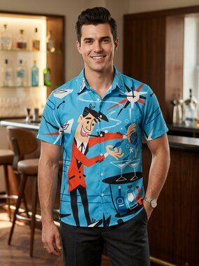 Hawaiian Shirt Unisex Retro 1950's Cocktail Bartender Martini Print Shirt Unisex